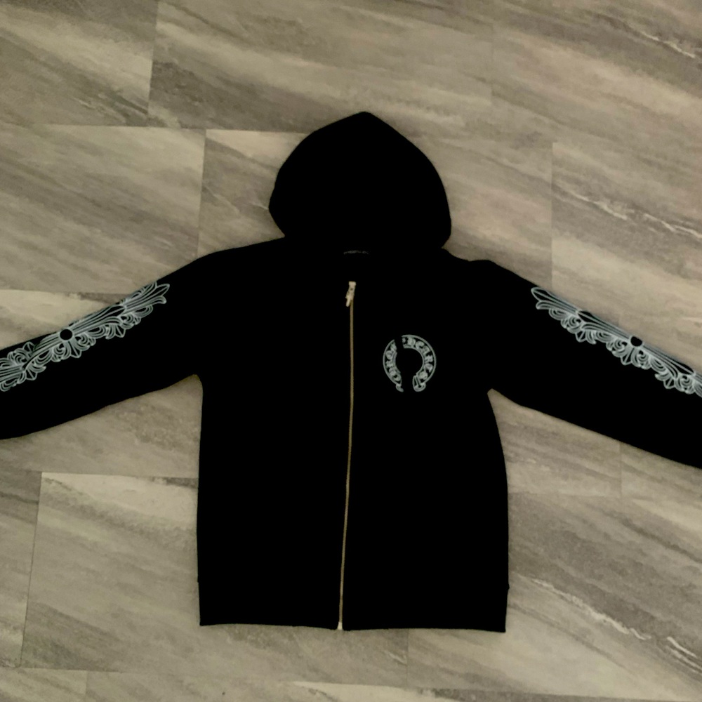 Chrome Hearts Black Zip Hoodie with White Graphic Details